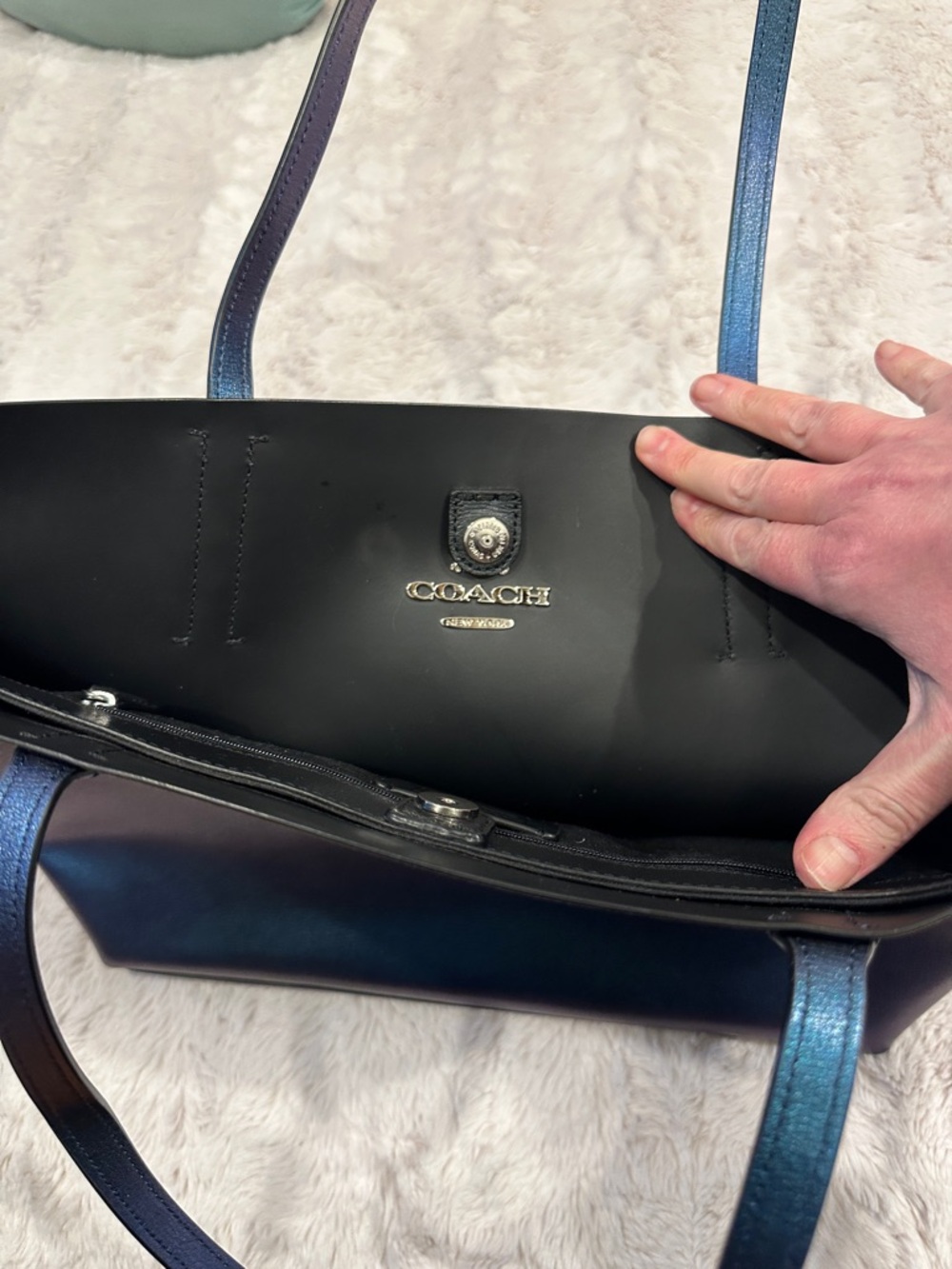 Coach Shimmery Holographic Peacock Blue Tote, Like New - Picture 7 of 8